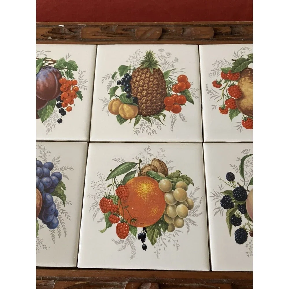 Vintage '70s Dal-Tile Carved Wooden Serving Tray with Ceramic Fruit Tiles Trivet